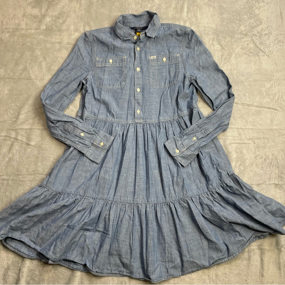 Polo Ralph Lauren Dress 16 Girls Tiered Denim Chambray Shirtdress